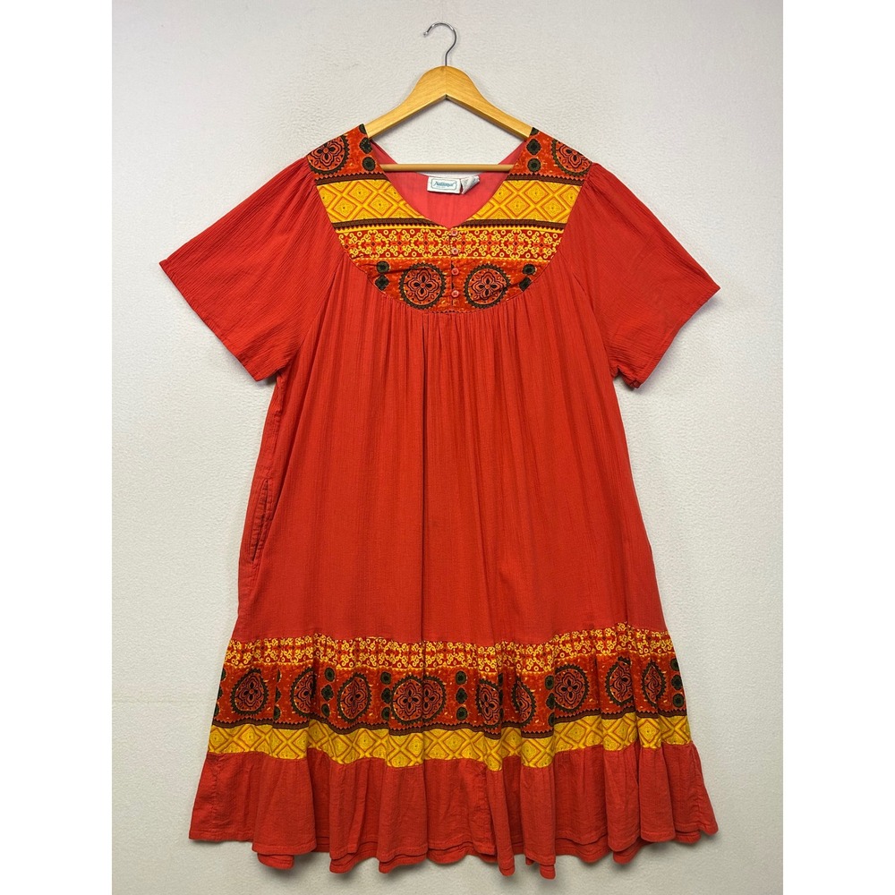 Boho National Womens 2X Orange Cotton Gauze Geometric Print Muumuu Pocket Dress